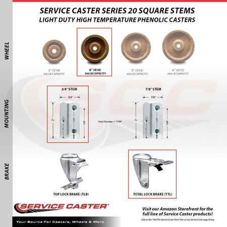 Service Caster 4 Inch High Temp Phenolic Swivel 3/4 Inch Square Stem Caster Total Lock Brake SCC-SQTTL20S414-PHSHT-34